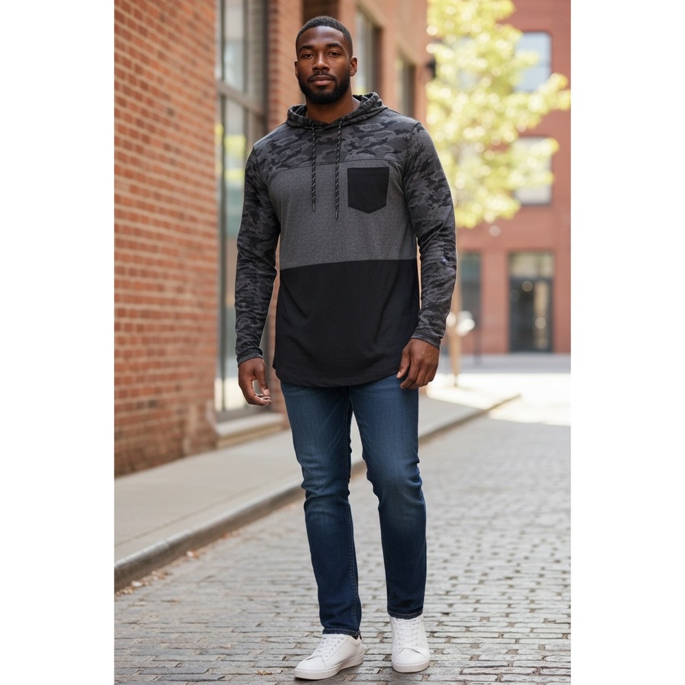 264 PX Clothing Mens Camo Colorblock Hooded Long Sleeve Tee Shirt  Gray 1XLT NWT